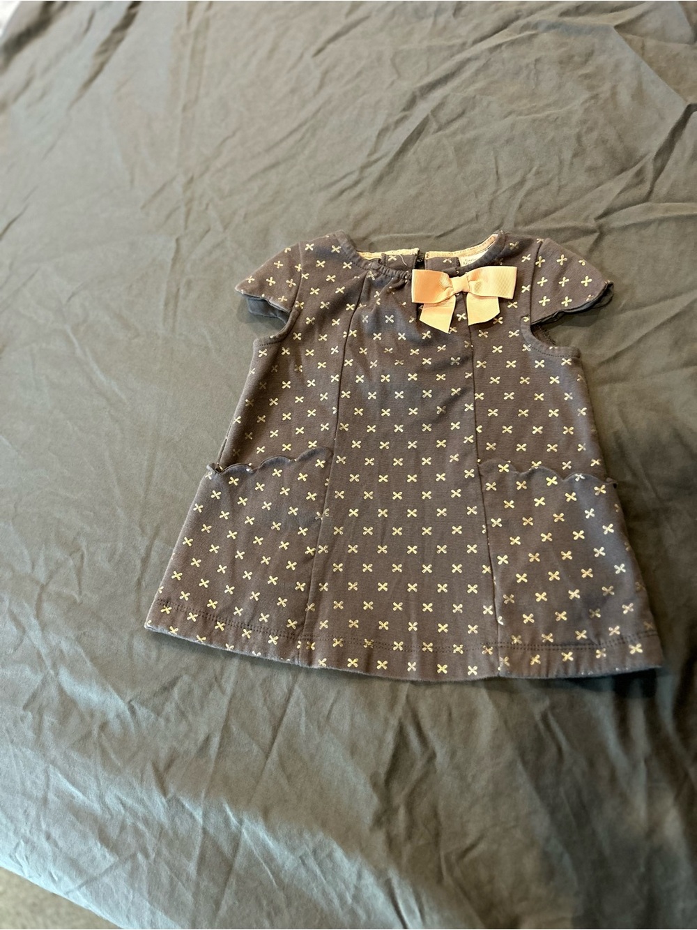 Catherine Malandrino Gray Dress with Blush Pink Bow and Gold Cross Pattern